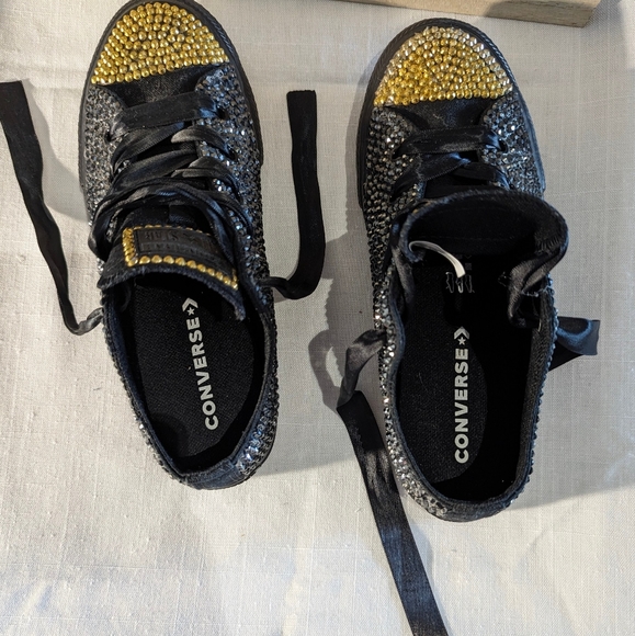 Size 2 youth Converse all star bling covered  pearl black and golden. - Picture 7 of 13